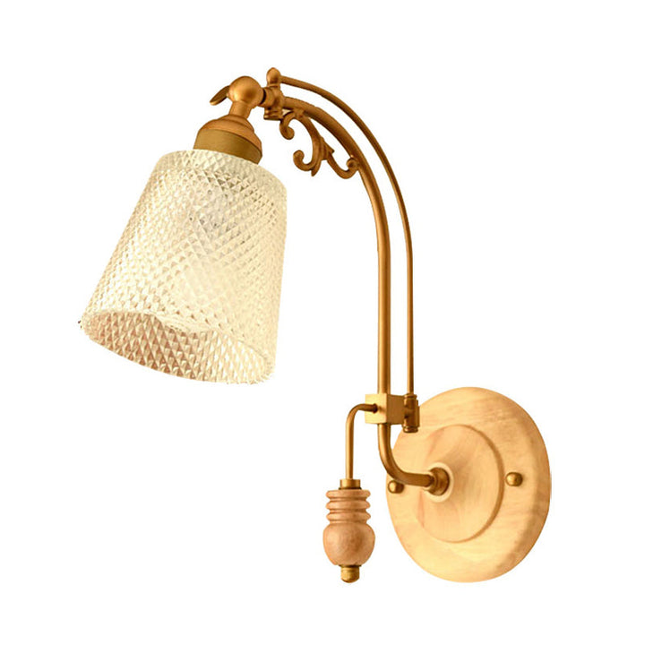Skørter | 1 Bulb Cone Wall Lamp Tradition Prism Glass Wall Light Fixture in Brass with Curved Arm
