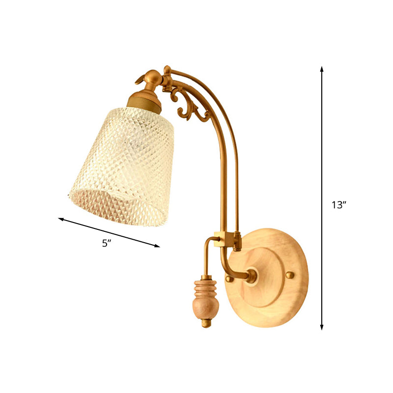 Skørter | 1 Bulb Cone Wall Lamp Tradition Prism Glass Wall Light Fixture in Brass with Curved Arm