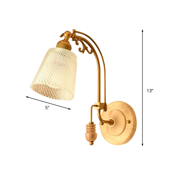 Skørter | 1 Bulb Cone Wall Lamp Tradition Prism Glass Wall Light Fixture in Brass with Curved Arm