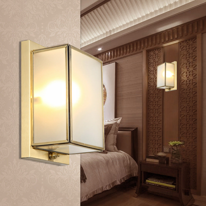 Skørter | Brass Rectangular Wall Lamp Traditionary White Glass 1/2 Cups Wall Mounted Lighting for Living Room
