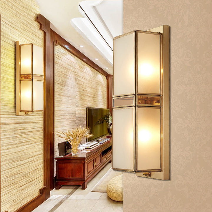 Skørter | Brass Rectangular Wall Lamp Traditionary White Glass 1/2 Cups Wall Mounted Lighting for Living Room