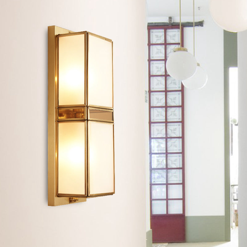 Skørter | Brass Rectangular Wall Lamp Traditionary White Glass 1/2 Cups Wall Mounted Lighting for Living Room