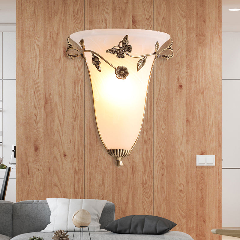 Skørter | Bell Wall Lamp Traditional White Glass 1 Bulb Brass Wall Light with Butterfly and Flower