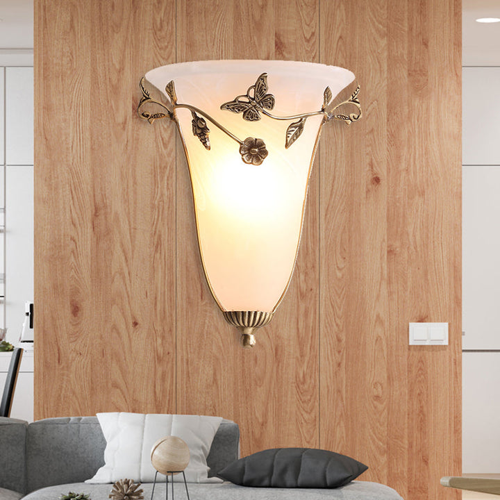 Skørter | Bell Wall Lamp Traditional White Glass 1 Bulb Brass Wall Light with Butterfly and Flower