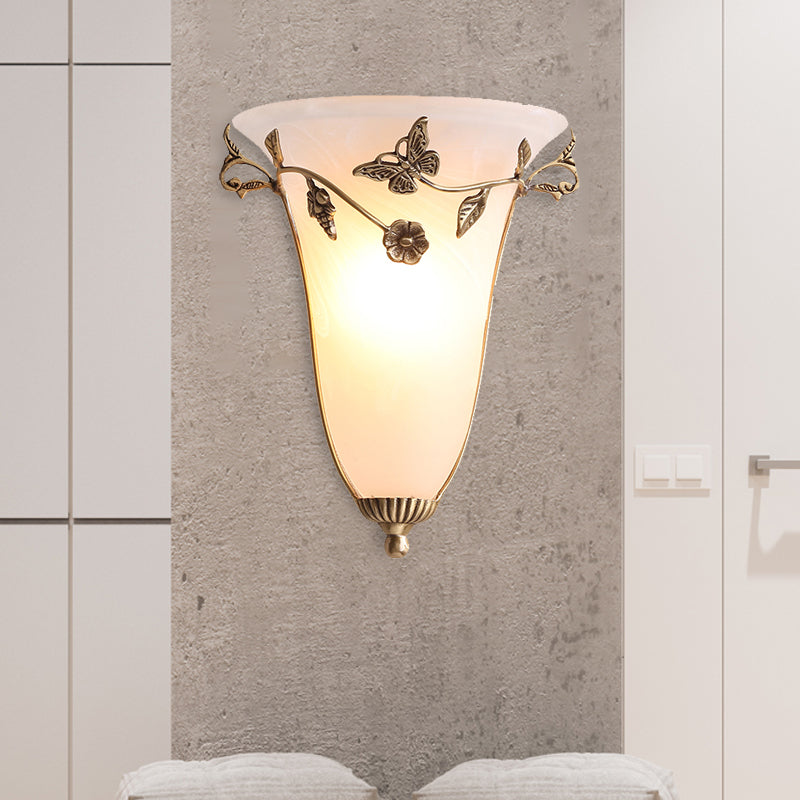 Skørter | Bell Wall Lamp Traditional White Glass 1 Bulb Brass Wall Light with Butterfly and Flower