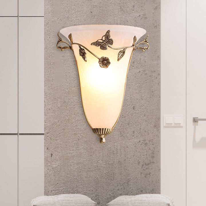 Skørter | Bell Wall Lamp Traditional White Glass 1 Bulb Brass Wall Light with Butterfly and Flower