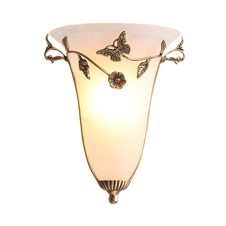 Skørter | Bell Wall Lamp Traditional White Glass 1 Bulb Brass Wall Light with Butterfly and Flower
