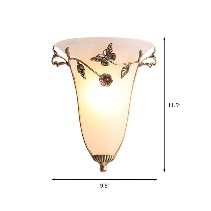Skørter | Bell Wall Lamp Traditional White Glass 1 Bulb Brass Wall Light with Butterfly and Flower