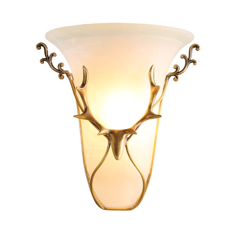 Skørter | Traditional Trumpet Wall Mounted Lighting Frosted Glass 1 Main Wall Lamp in Brass with Elk