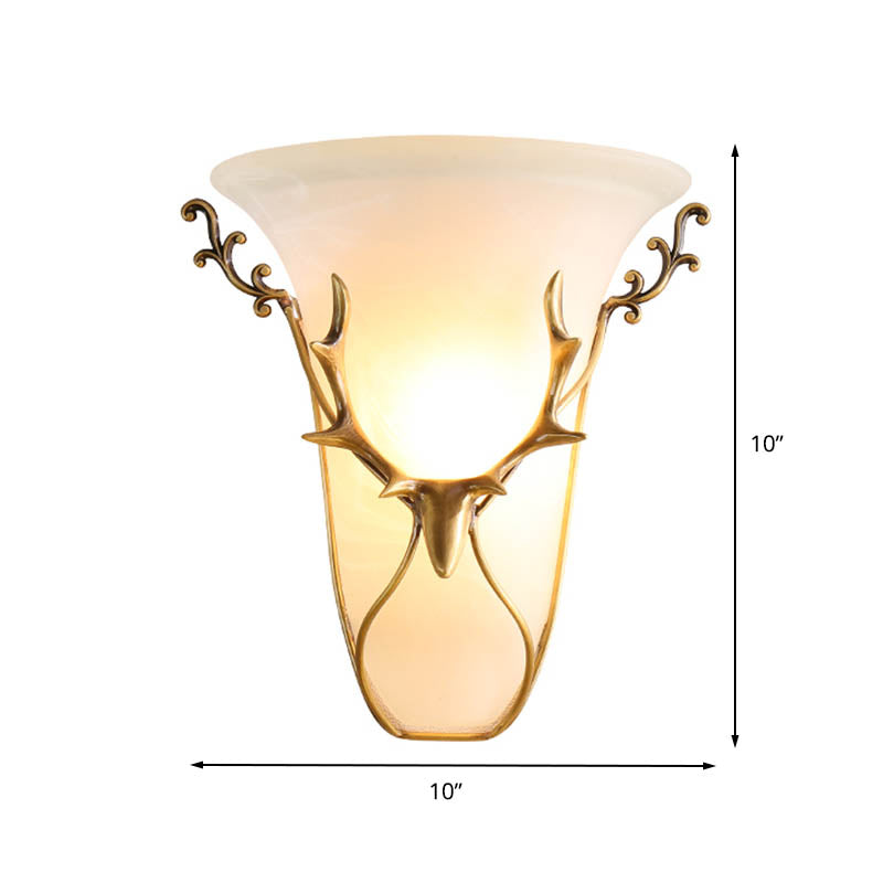 Skørter | Traditional Trumpet Wall Mounted Lighting Frosted Glass 1 Main Wall Lamp in Brass with Elk