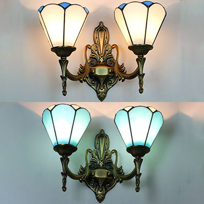 Lisslune | Stained Glass Cone Wall Lamp 2 Lamps Vintage Loft Wall Mount Light in White/Blue for Bedroom