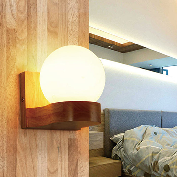 Lisslune | Ball-shaped Foyer Wall Light Opal Glass 1-Light Nordic Wall Light in Wood
