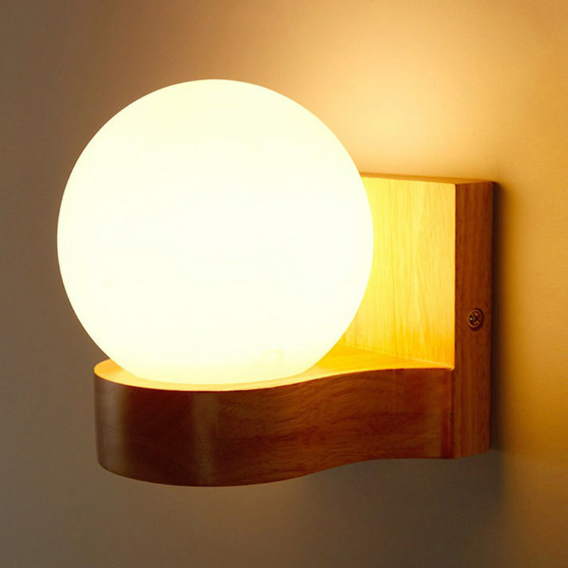 Lisslune | Ball-shaped Foyer Wall Light Opal Glass 1-Light Nordic Wall Light in Wood