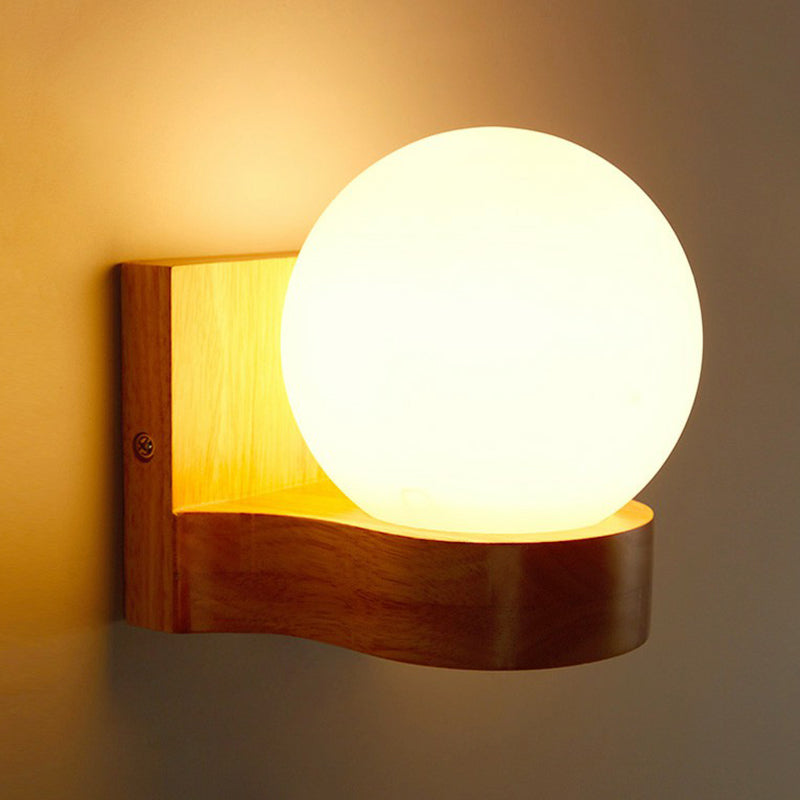 Lisslune | Ball-shaped Foyer Wall Light Opal Glass 1-Light Nordic Wall Light in Wood