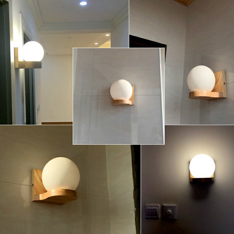 Lisslune | Ball-shaped Foyer Wall Light Opal Glass 1-Light Nordic Wall Light in Wood