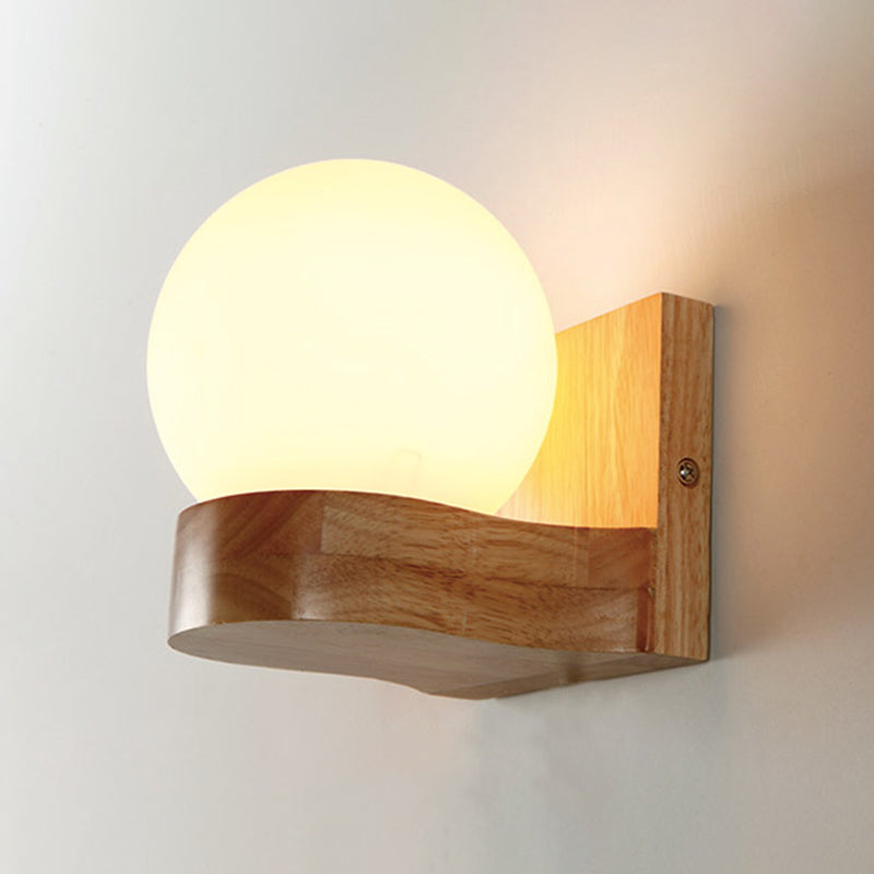 Lisslune | Ball-shaped Foyer Wall Light Opal Glass 1-Light Nordic Wall Light in Wood