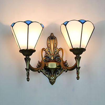 Lisslune | Stained Glass Cone Wall Lamp 2 Lamps Vintage Loft Wall Mount Light in White/Blue for Bedroom