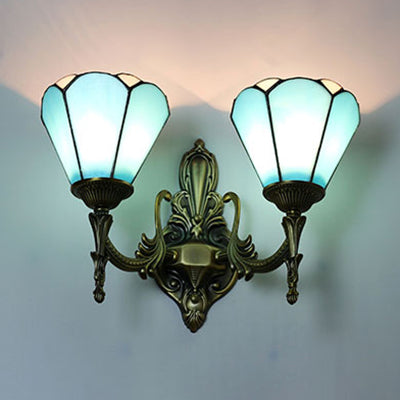 Lisslune | Stained Glass Cone Wall Lamp 2 Lamps Vintage Loft Wall Mount Light in White/Blue for Bedroom