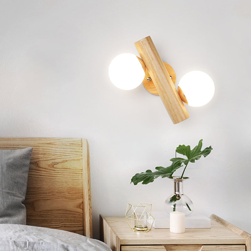Lisslune | White glass ball rotating wall lamp Nordic 2 bulbs wooden wall-mounted lamp for bedroom