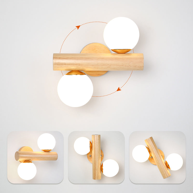 Lisslune | White glass ball rotating wall lamp Nordic 2 bulbs wooden wall-mounted lamp for bedroom