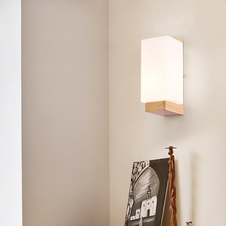 Lisslune | Geometric Stair Wall Lighting Cream Glass Single Minimalist Surface Mounted Wall Light from Wood