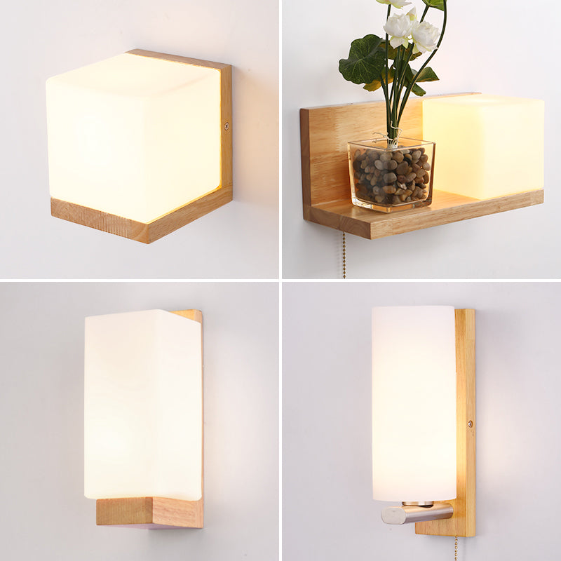 Lisslune | Geometric Stair Wall Lighting Cream Glass Single Minimalist Surface Mounted Wall Light from Wood