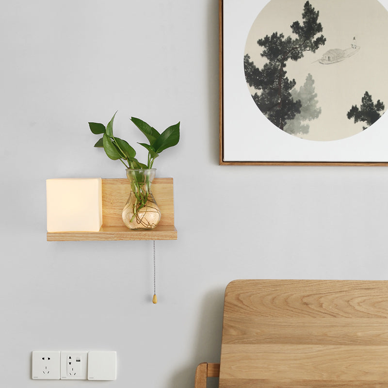 Lisslune | Geometric Stair Wall Lighting Cream Glass Single Minimalist Surface Mounted Wall Light from Wood