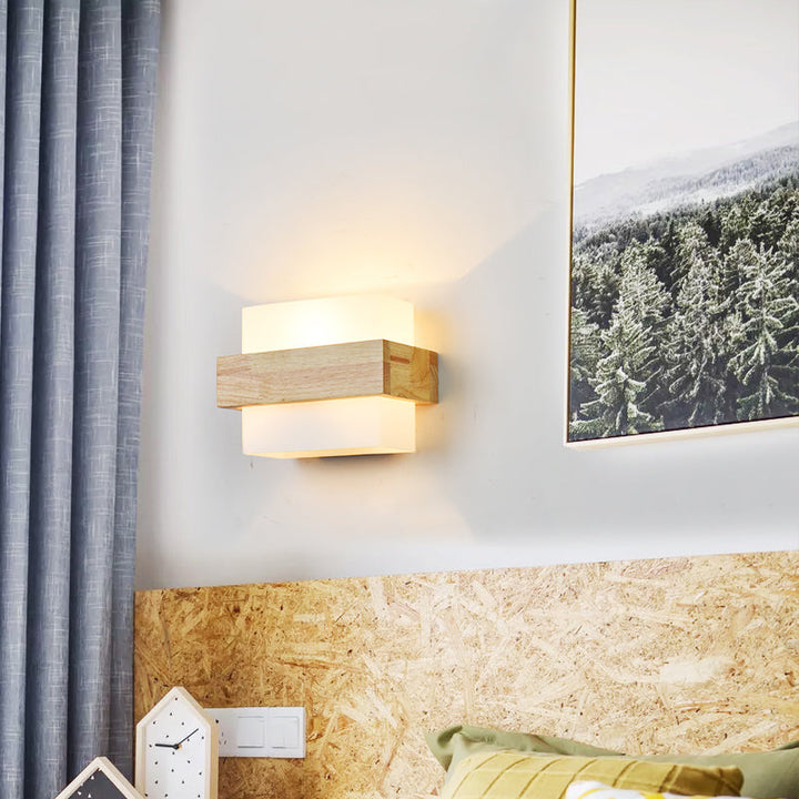 Lisslune | Geometric Stair Wall Lighting Cream Glass Single Minimalist Surface Mounted Wall Light from Wood