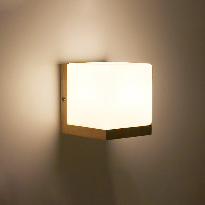 Lisslune | Geometric Stair Wall Lighting Cream Glass Single Minimalist Surface Mounted Wall Light from Wood