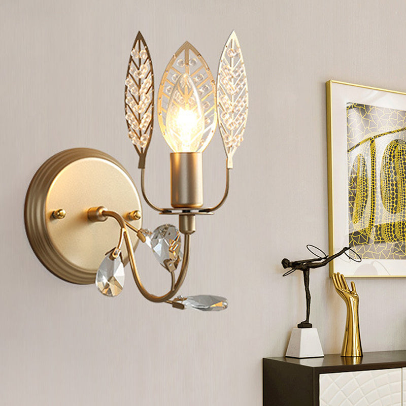 Skørter | Leaf Metal Wall Lamp Tradition 1 Head Gold Mounted Wall Sconce with Crystal Bead for Nightstand