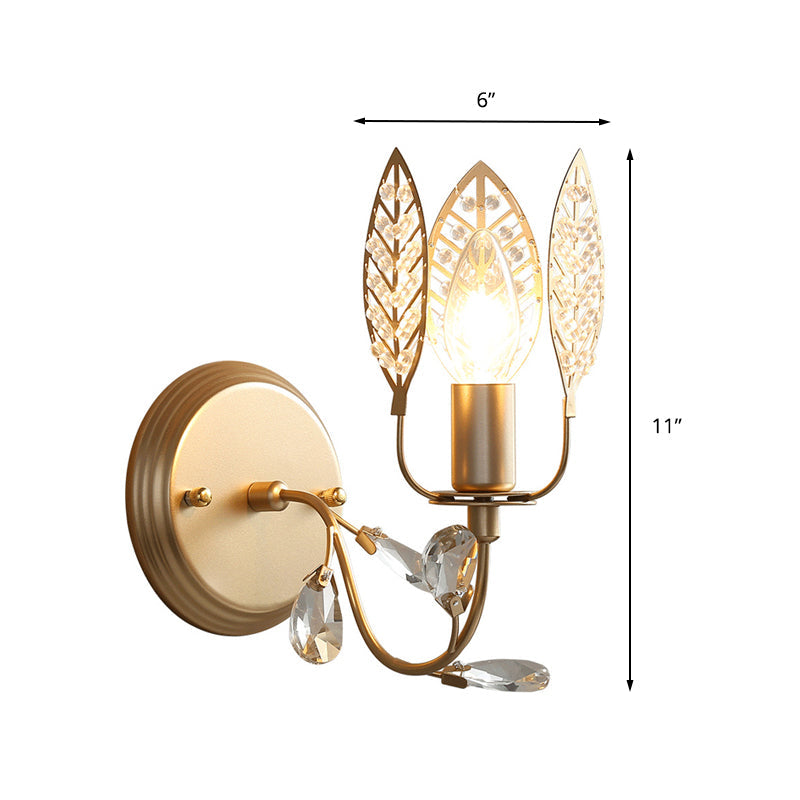Skørter | Leaf Metal Wall Lamp Tradition 1 Head Gold Mounted Wall Sconce with Crystal Bead for Nightstand