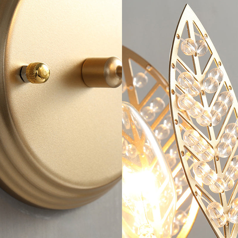 Skørter | Leaf Metal Wall Lamp Tradition 1 Head Gold Mounted Wall Sconce with Crystal Bead for Nightstand