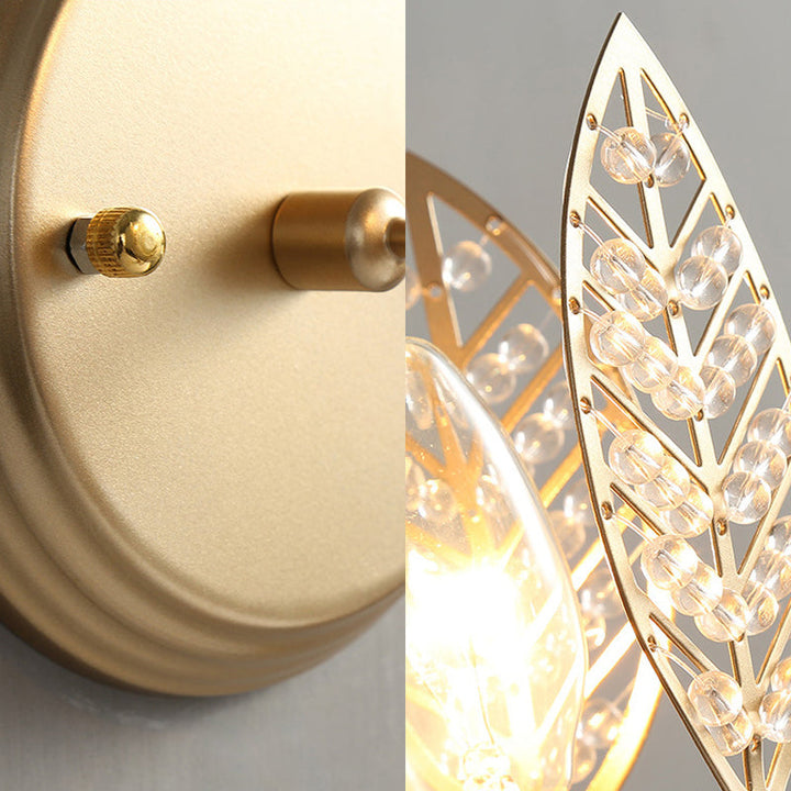 Skørter | Leaf Metal Wall Lamp Tradition 1 Head Gold Mounted Wall Sconce with Crystal Bead for Nightstand