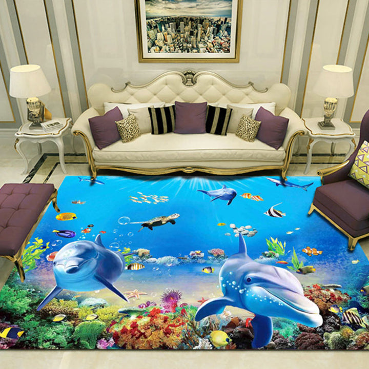 Lisslune | Novelty 3D Ocean printed rug Multicolored Polyester rug with non-slip backing Easy-care rug for the living room