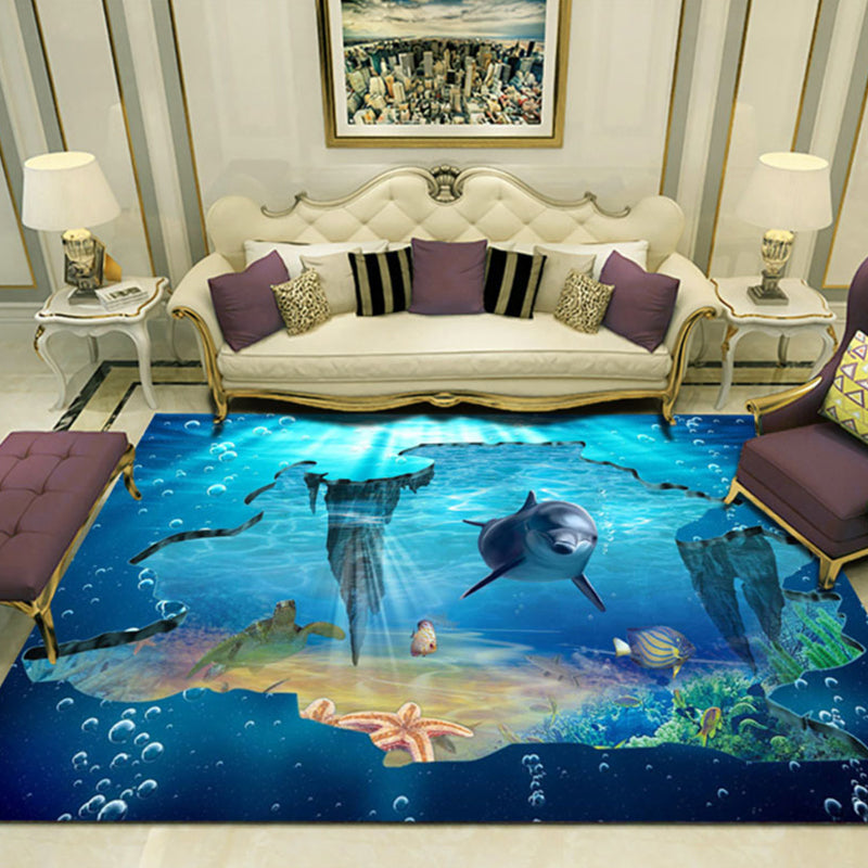 Lisslune | Novelty 3D Ocean printed rug Multicolored Polyester rug with non-slip backing Easy-care rug for the living room