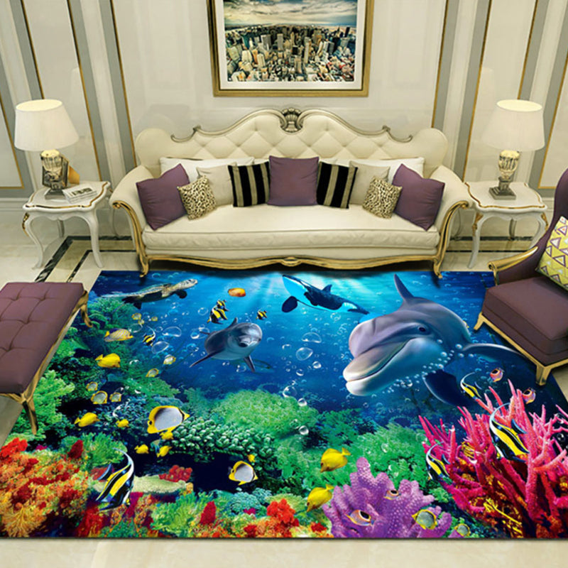 Lisslune | Novelty 3D Ocean printed rug Multicolored Polyester rug with non-slip backing Easy-care rug for the living room