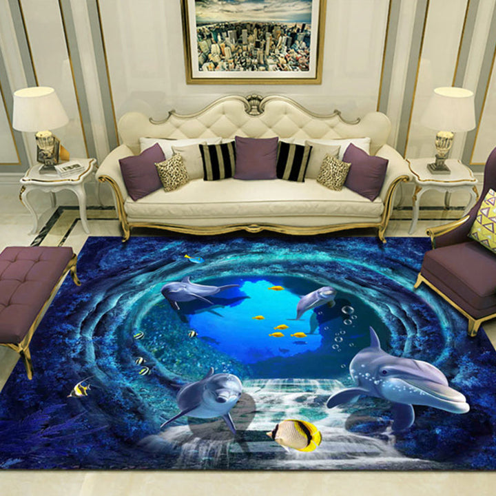 Lisslune | Novelty 3D Ocean printed rug Multicolored Polyester rug with non-slip backing Easy-care rug for the living room