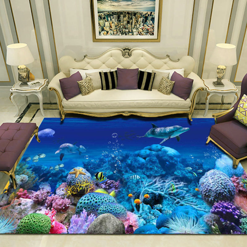 Lisslune | Novelty 3D Ocean printed rug Multicolored Polyester rug with non-slip backing Easy-care rug for the living room