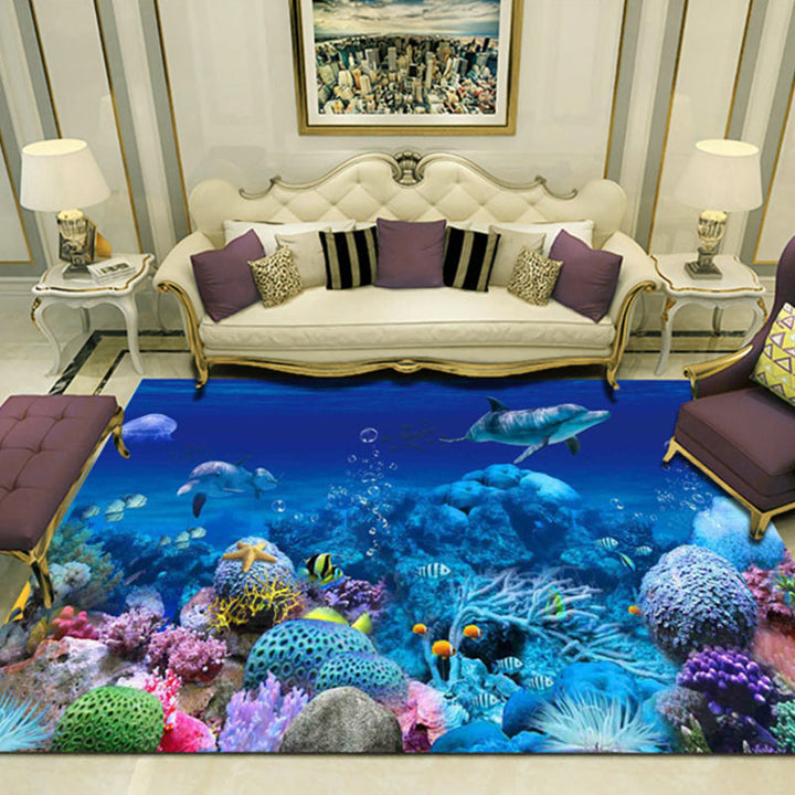Lisslune | Novelty 3D Ocean printed rug Multicolored Polyester rug with non-slip backing Easy-care rug for the living room