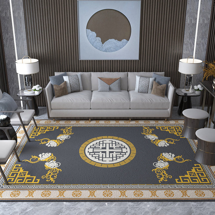 Lisslune | Asian Living Room Carpet Multicolored Chinese Print Carpet Polyester Non-Slip Underlay Pet-Friendly Indoor Carpet