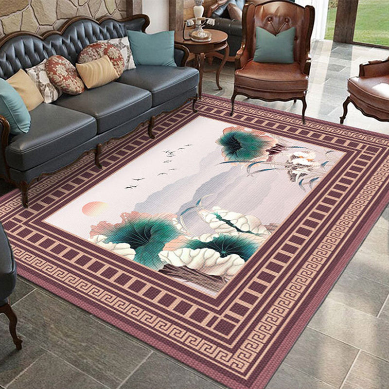 Lisslune | Asian Living Room Rug Multicolored Flower Pattern Printed Rug Indoor Synthetic Non-Slip Back Easy Care Rug