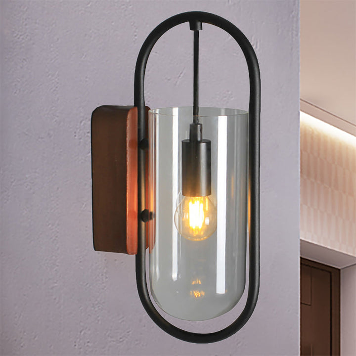 Lisslune | Black Cylinder Wall Light Industrial 1 Light Clear/Amber Glass Wall Mount Light
