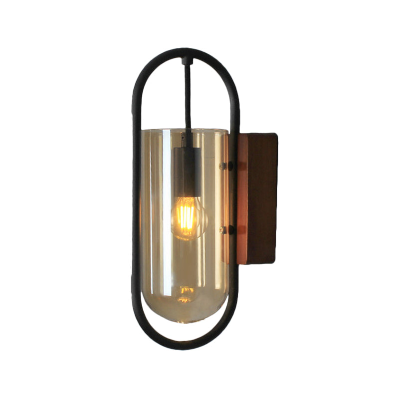 Lisslune | Black Cylinder Wall Light Industrial 1 Light Clear/Amber Glass Wall Mount Light