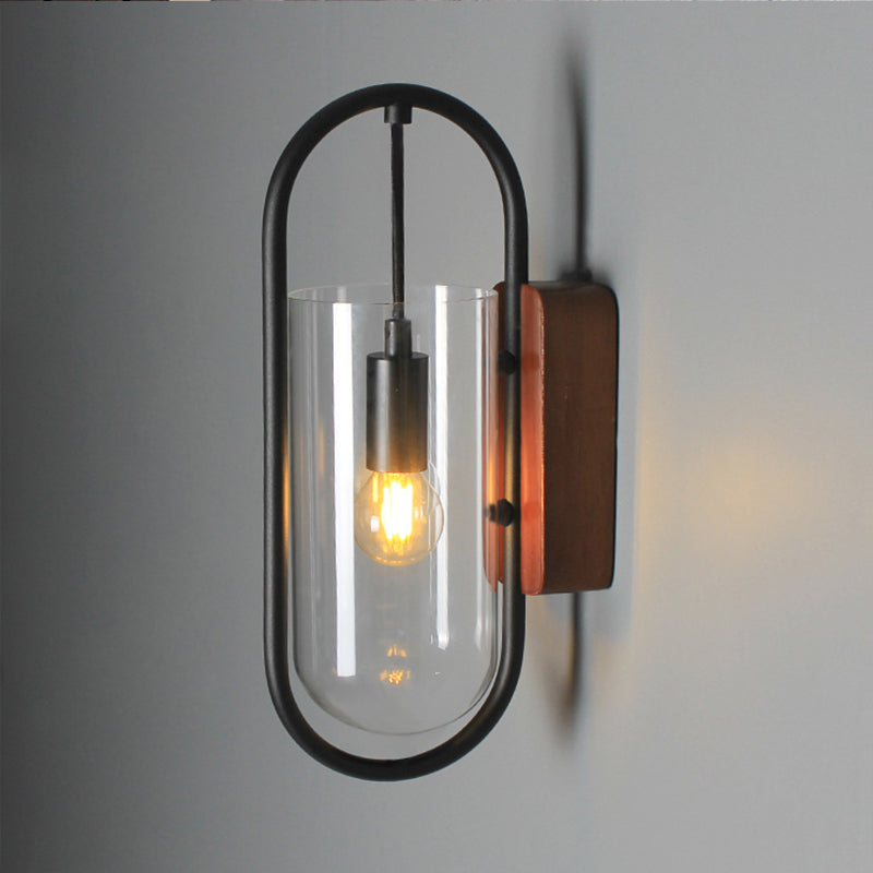 Lisslune | Black Cylinder Wall Light Industrial 1 Light Clear/Amber Glass Wall Mount Light