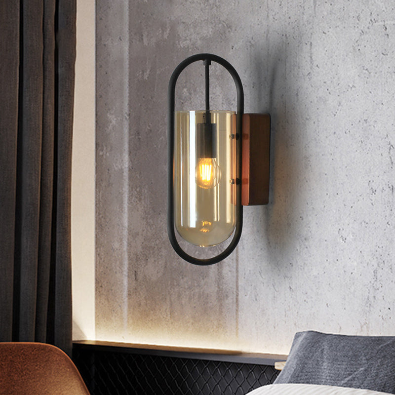Lisslune | Black Cylinder Wall Light Industrial 1 Light Clear/Amber Glass Wall Mount Light