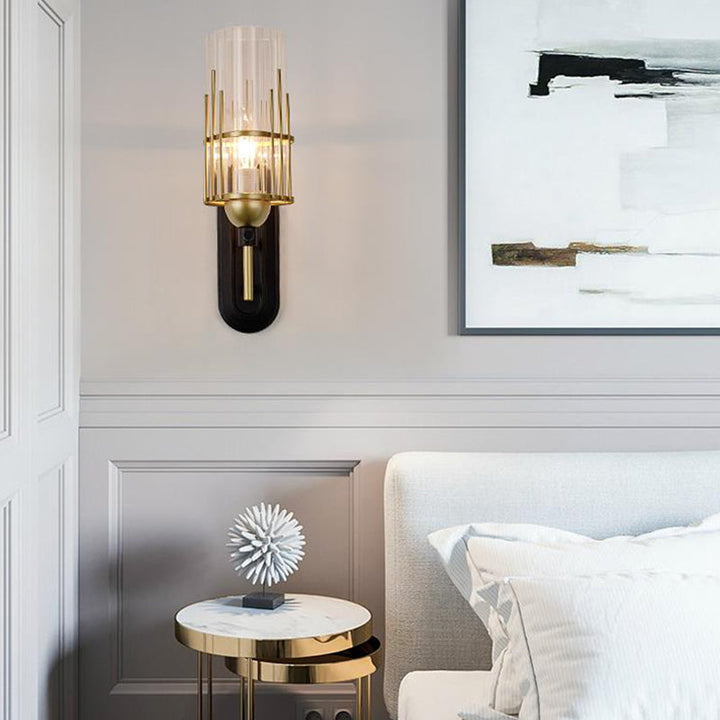 Skørter | Black Wall Lamp Traditionary Metal 1 Head Wall Mounted Lighting with Clear Glass Cylinder Shade for Nightstands