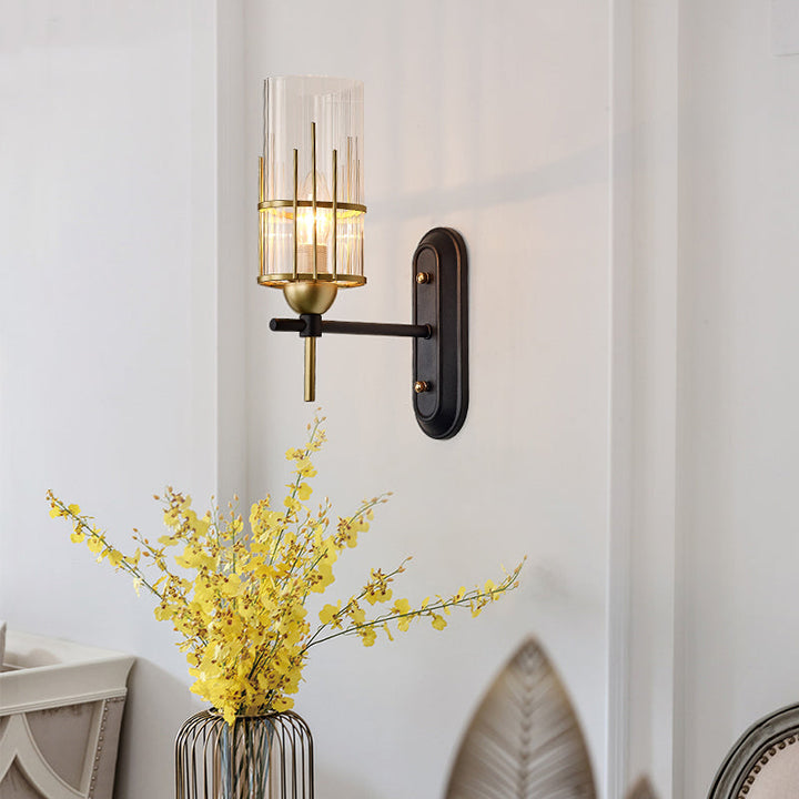Skørter | Black Wall Lamp Traditionary Metal 1 Head Wall Mounted Lighting with Clear Glass Cylinder Shade for Nightstands