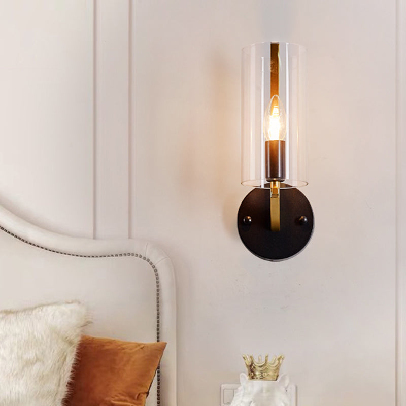 Skørter | Traditional Candle Wall Mount Lighting Metal 1 Head Wall Lamp in Gold with Cylinder-Shaped Clear Glass Shade