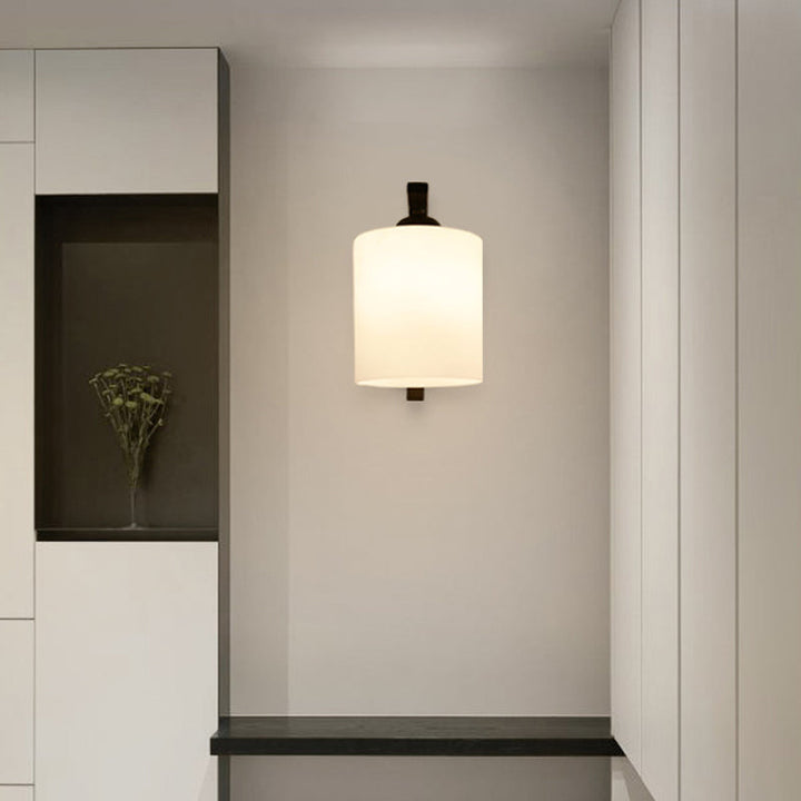 Skørter | Cylindrical white glass wall lamp Vintage 1 head corridor wall lamp with curved arm in black