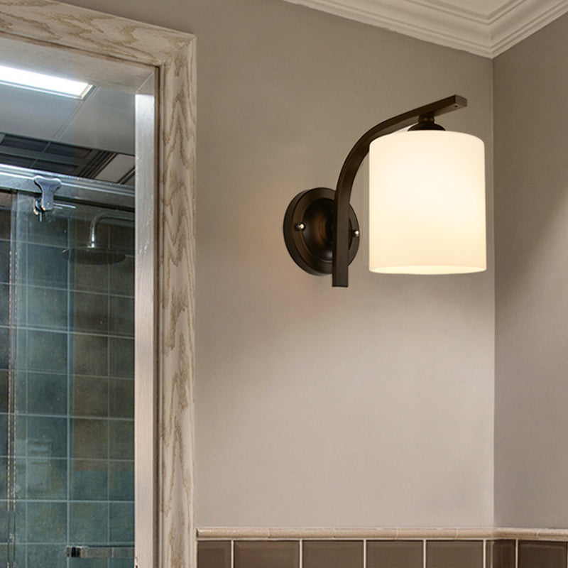 Skørter | Cylindrical white glass wall lamp Vintage 1 head corridor wall lamp with curved arm in black